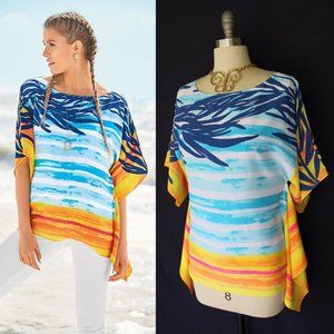Lilly Pulitzer ROWAN SILK CAFTAN TOP Blue Crush Sunset stripe engineered